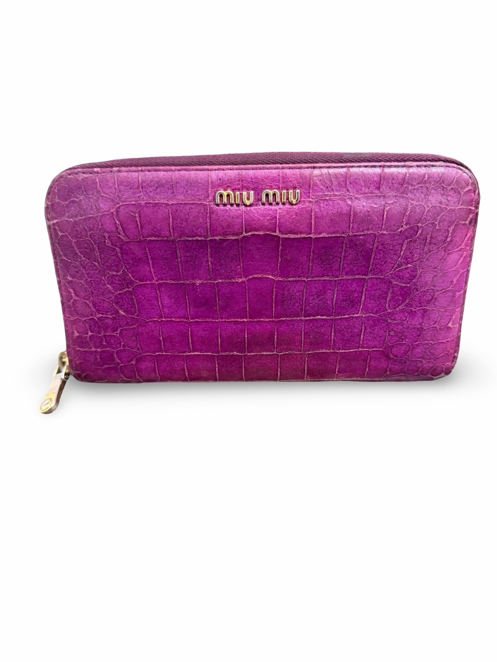 Miu Miu Crocodile Embossed Long Flap Zip Around Wallet Pink Leather